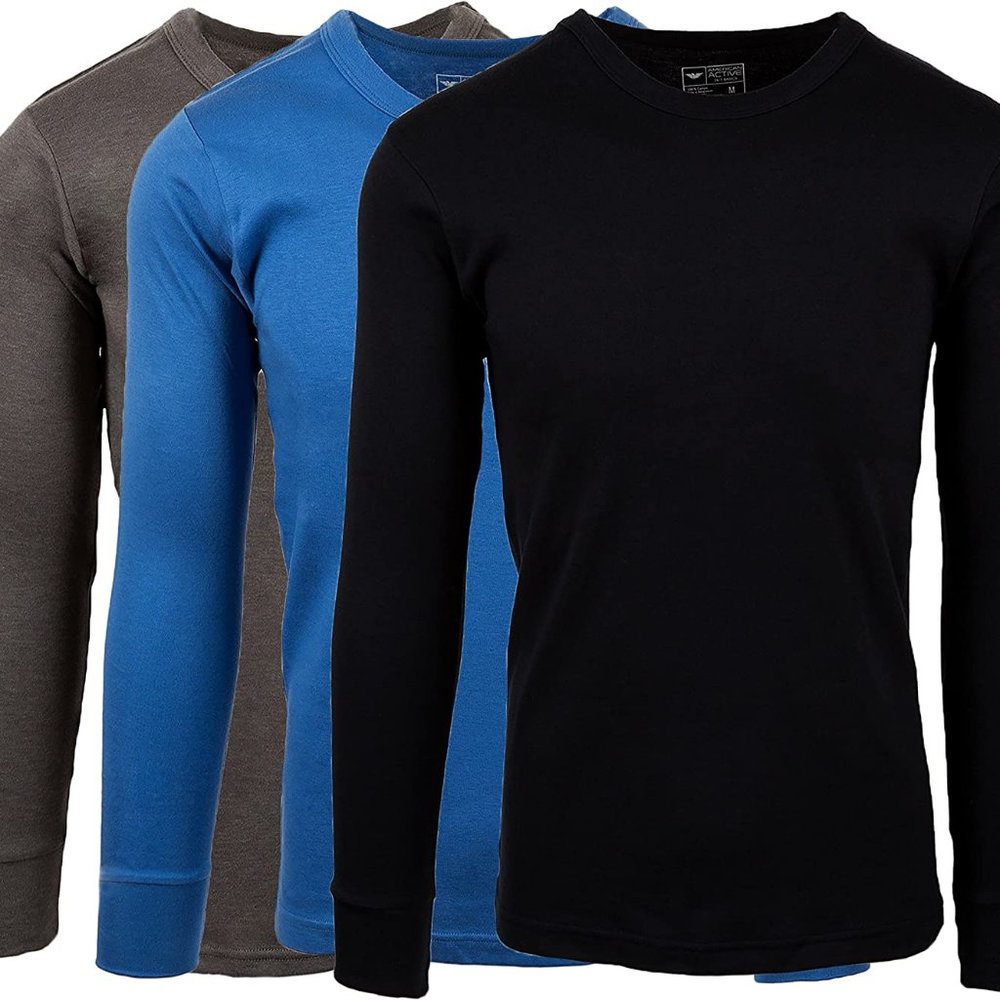 AMERICAN ACTIVE Men's 3 Pack 100% Cotton Fleece Lined Base Layer Long Sleeve